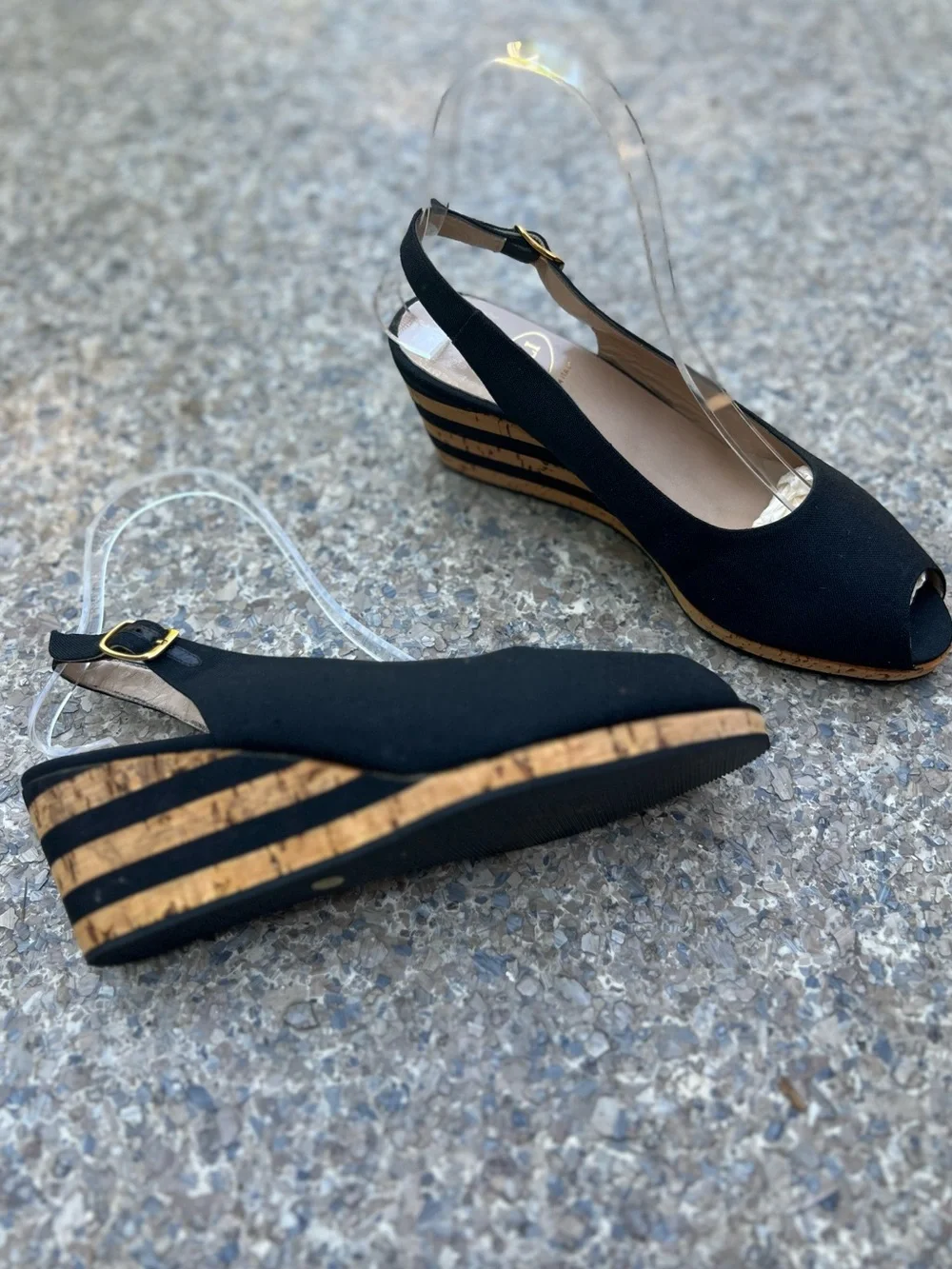 BRUNO MAGLI Italian Black Cork Wedge Peep-Toe Slingback
